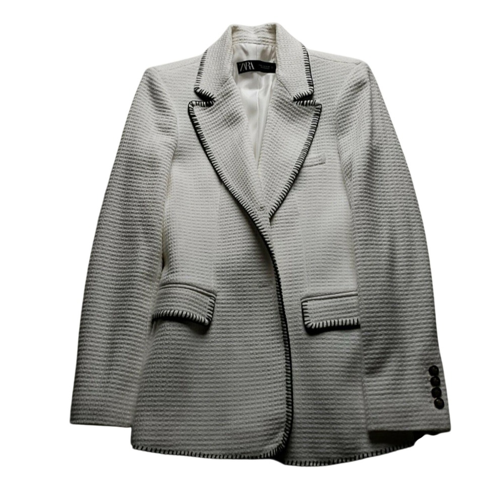 ZARA Blazer Jacket Womens M White Textured Contrast Trim Lined Tailored Career